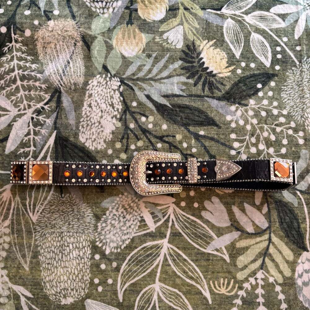 Blazin Roxx Women's Black Leather Western Belt with Amber Stones and Rhinestones